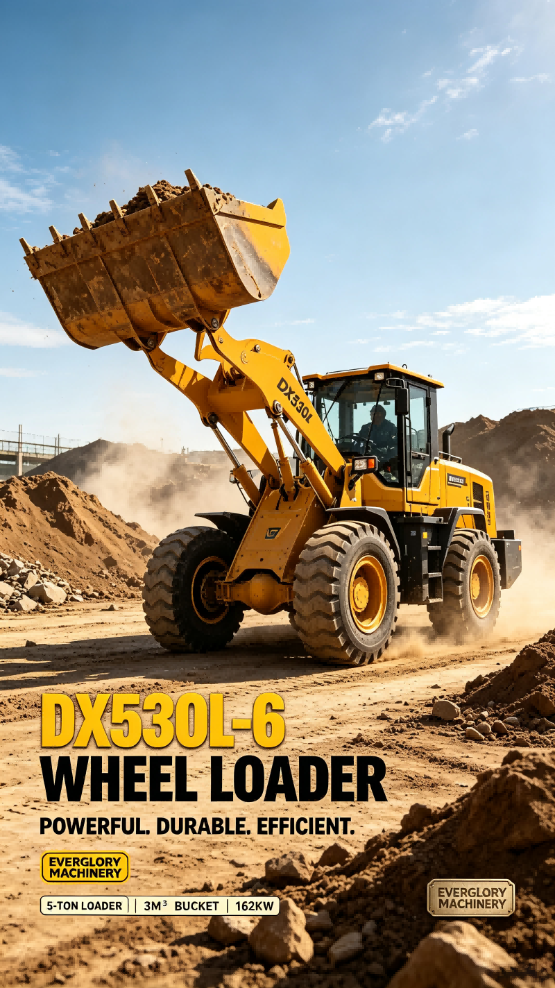 Everglory Machinery жер өңдеу жұмыстарына арналған берік DX530L‑6 5 тонналық доңғалақты тиегішті шығарды.